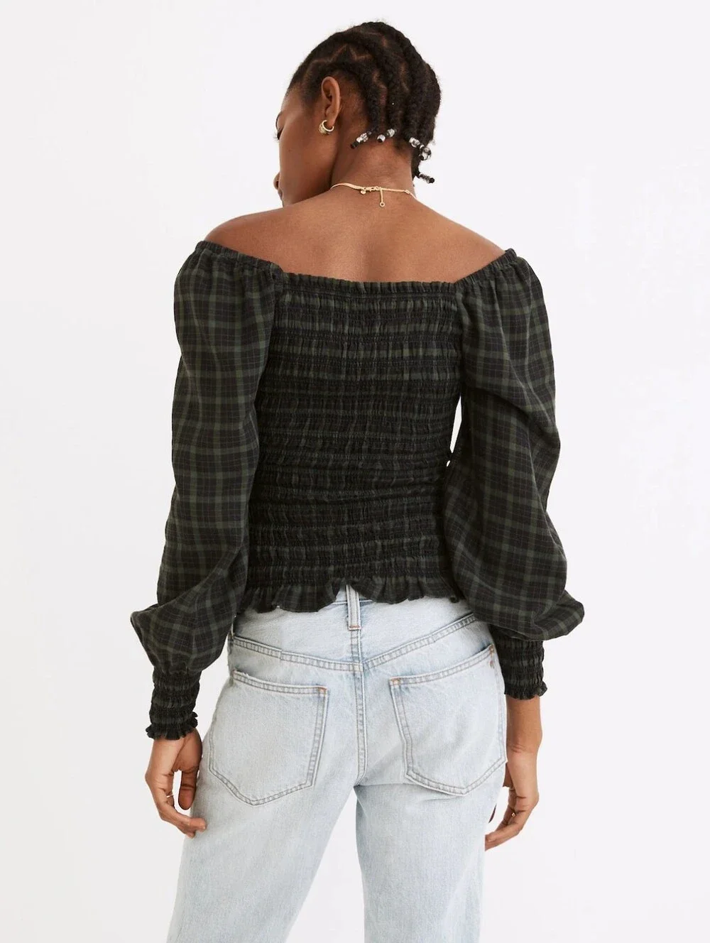 Madewell Lucie Bubble-Sleeve Smocked Top in 'Forest' Plaid - Size S